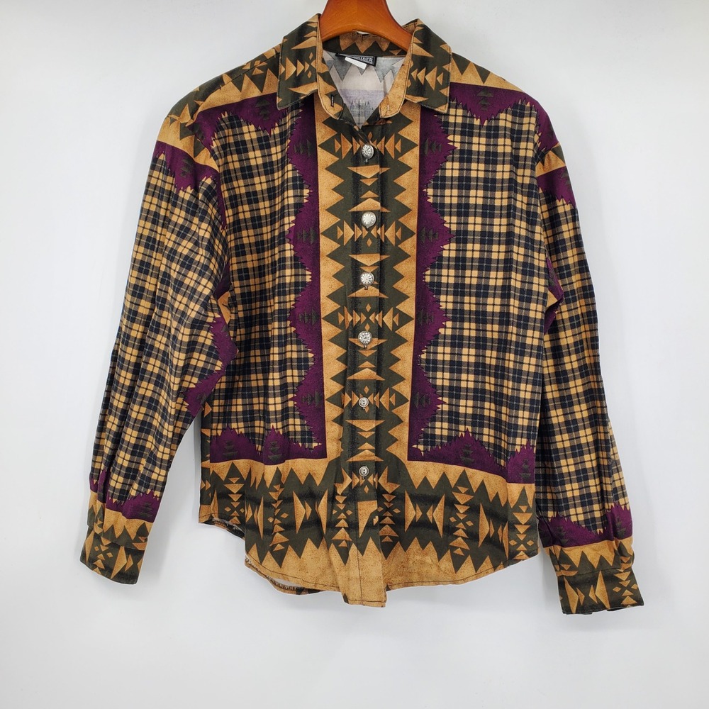 Roughrider by Circle T Vintage Western Plaid Aztec Print Button Up Shirt M Rodeo